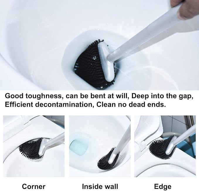 Silicone Toilet Brush, Ventilation Slots Base Holder 2 Pack Silver | Flexible Bristles Flat Head for Rim, Hair Tangle-Free, Easy to Clean, Compact Design, Rustproof Handle, for Toilet/Sink/Tub