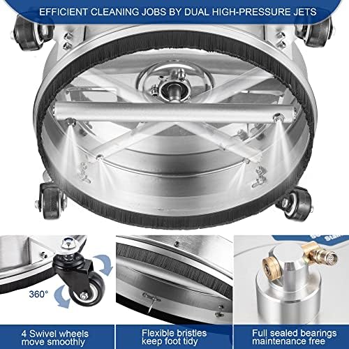 14" Pressure Washer Surface Cleaner with 4 Wheels, 1/4" Quick Connect Plug, Sturdy Stainless Steel Power Washer Attachment for Concrete Driveway, Min Flow Rate 1.8 GPM, Max 4000 PSI (Silver)