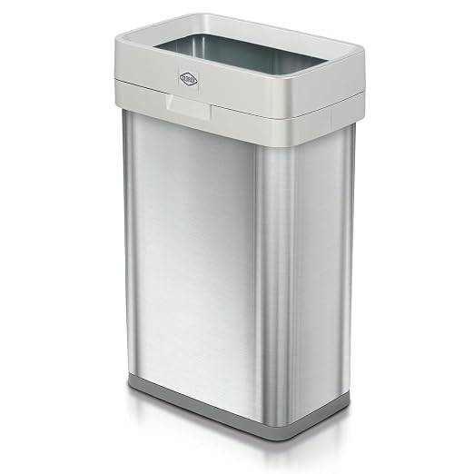 Clorox Slim Open Top Stainless Steel Trash Can, Silver, 13 Gallon / 50L | Narrrow Rectangular Garbage Bin with Hinged Rim Protection for Commercial Spaces, Kitchen, and Office Use