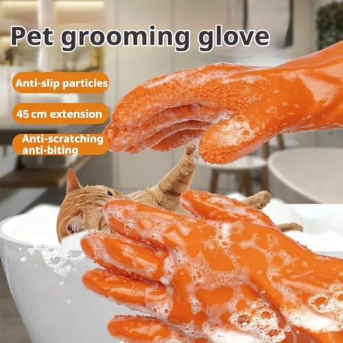 YOFANG 17.7" L Pet Grooming Bathing Gloves for Dogs & Cats | Anti-Bite & Anti-Scratch Pet Hair Removal Gloves with Soft 3500+ Particles, Waterproof Rubber Washing Gloves,Orange/Green