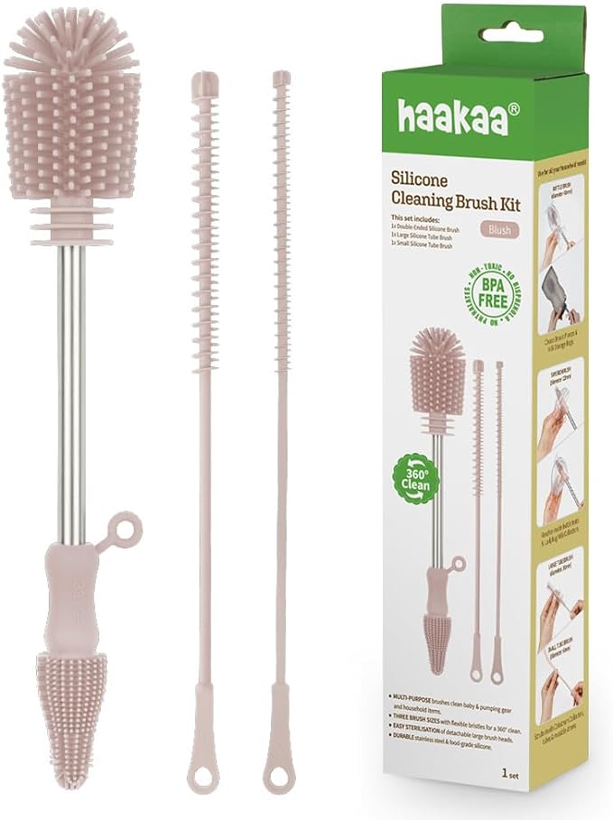 Haakaa Food-Grade Silicone Cleaning Brush Kit 3-Piece (Kit-Blush) | Household Cleaning Brushes for Bottles and Crevices Dishwasher Safe