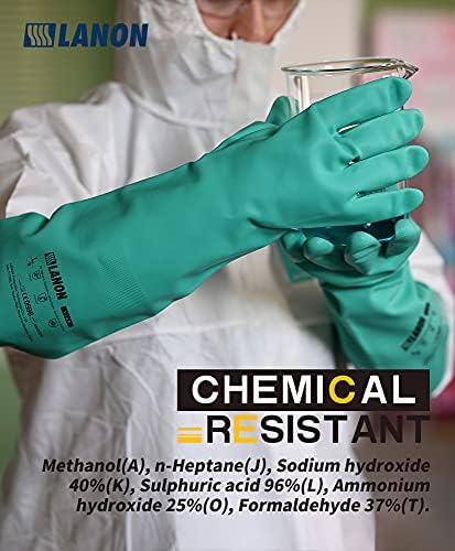 LANON 18" Long Nitrile Chemical Resistant Gloves,Unlined,Green,XLarge | Heavy-Duty Work,Cleaning,Dishwashing,Waterproof,Reusable,Comfortable,Durable,Non-Slip,Latex Free,Acid,Alkali & Oil Protection
