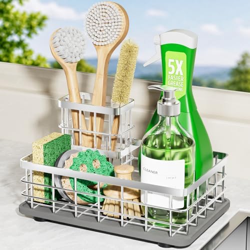 Kitchen Sink Organizer, Large Sink Caddy with Sponge Holder & Diatomite Mat | Cleaning Supplies in One Place, Kitchen Countertop Organizer, Home Essentials, Brush Holder, Quick Dry Tray, Fewer Puddles