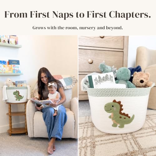 Dinosaur Baby Storage Basket, Woven Cotton Rope Nursery Bin, 15x11 in | Stuffed Animal and Blanket Storage, Soft Felt Dinosaur Patch, Baby Nursery Decor, Baby Shower, Kids Playroom Organizer