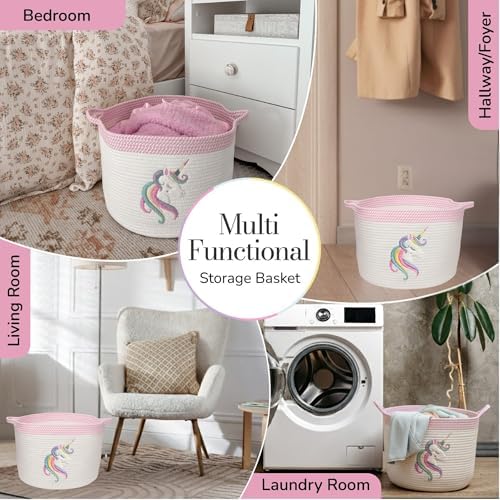 Unicorn Baby Storage Basket, Woven Cotton Rope Nursery Bin, 15x11 in | Stuffed Animal and Blanket Storage, Soft Felt Unicorn Patch, Baby Girl Room Decor, Shower Gift, Kids Playroom Organizer
