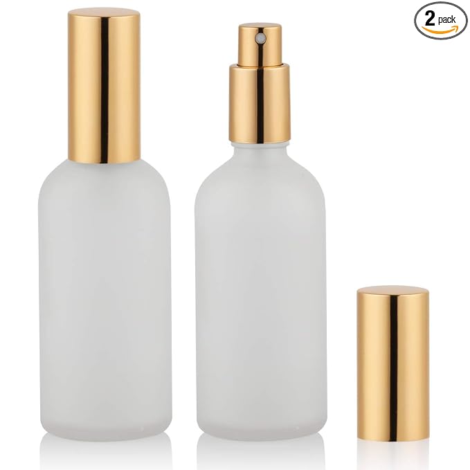 Glass Spray Bottle with Gold Sprayer, 3.4oz, 2 Pack | Perfume Atomizer, Empty, Fine Mist, Frosted