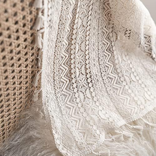 Sutuo Home Crochet Boho Curtain 96 Inches Length, Sheer Lace Handmade Tassels Knitted Window Treatment Vintage Rustic Bohemian Farmhouse Drape for Bedroom Rod Pocket 1 Panel 59" W x 96" L, Beige Wave