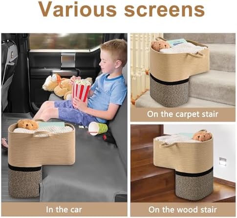 Stair Basket for Wooden & Carpeted Stairs, Foldable Cotton Rope Step Basket with Handles, Staircase Storage Organizer, Brown&Black, 15" Lx 10" W x 15" H