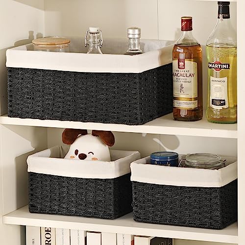 Vagusicc Storage Basket, 3-Pack Woven Paper Rope Wicker Baskets for Storage with Handles, 15 Inches Large Cube Storage Bins Woven Storage Baskets with Liners for Shelves Organizing & Decor, Black