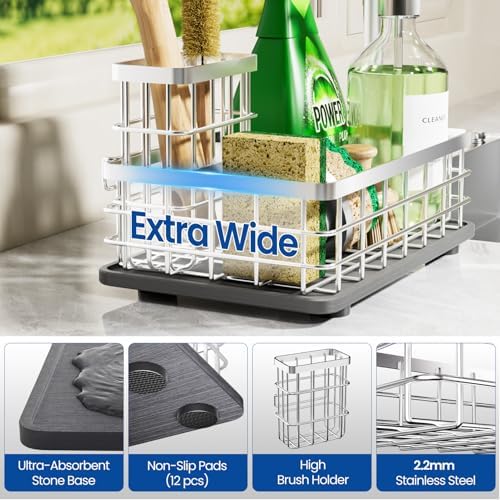 Kitchen Sink Organizer, Large Sink Caddy with Sponge Holder & Diatomite Mat | Cleaning Supplies in One Place, Kitchen Countertop Organizer, Home Essentials, Brush Holder, Quick Dry Tray, Fewer Puddles