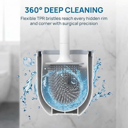 RV Silicone Toilet Brush with Holder, Drill-Free Wall Mounted Toilet Bowl Cleaner, Anti-Drip Anti-Roll Compact Brush for RV Camper & Small Bathroom (White)
