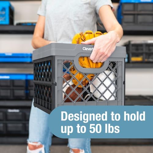 CleverMade Collapsible Milk Crate (100% Recycled) - 25L - Obsidian | Organize Files, Groceries, and Gear in One Crate | Built-In Rails Hold Letter Folders, While the Frame Stacks Securely