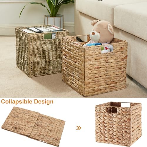 Vagusicc Wicker Storage Basket, Set of 2 Water Hyacinth Storage Baskets for Organizing, 11x11x11 Storage Cube Bins, Wicker Storage Cubes, Natural Foldable Square Baskets for Shelf Laundry Organizer