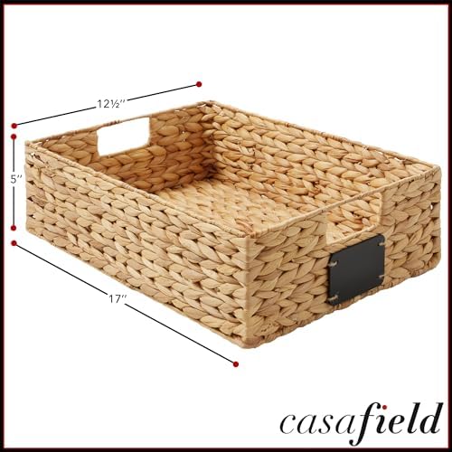 Casafield Set of 4 Water Hyacinth Pantry Baskets, 12-1/2" x 17" x 5", with Chalkboard Labels and Chalk Marker - Natural, Woven Storage Bin Organizers for Kitchen Shelves