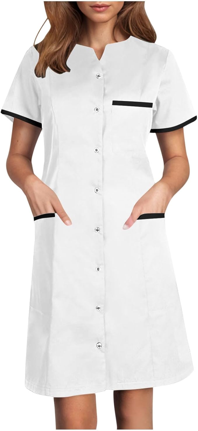 Scrubs Dress for Women - Button Front Nursing Workwear - Casual Housekeeping Dresses with Pockets