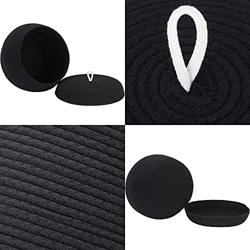 Sea Team Round Woven Cotton Rope Storage Basket with Lid, Black | Lidded Knitted Decorative Storage Bin, Pot, Caddy, Organizer, Container for Snacks, Towels, Plants, 13 x 9 Inches