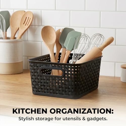 8 Pack Black Storage Baskets, Plastic Woven Organizer Baskets, Stackable Shelf Baskets for Closet, Pantry, Bathroom & Laundry Room