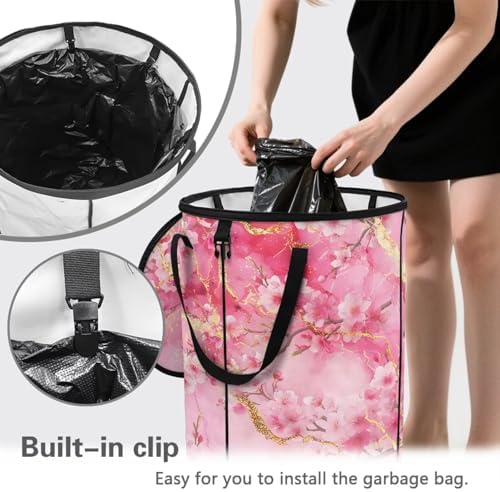 doginthehole Pink Marble Camping Trash Can Outdoor Peach Blossom Recycle Trash Can with Lid Large Garbage Storage Bag Large Oval Rubbish Bin for Camping Picnic Yard Beach, 22.83x17.71 in