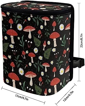 Car Trash Can with Lid and Zipper Boho Cottagecore Mushroom Ferns Print Leakproof Garbage Bag Hanging Back of Seat Auto Interior Accessories Portable Trash Bin Organizer and Storage Bag