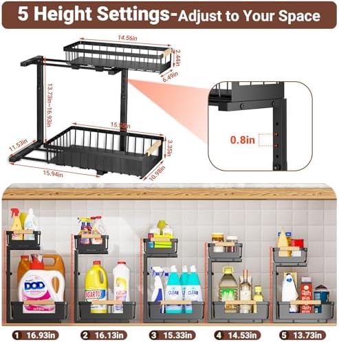 Under Sink Organizers and Storage, 2 Pack L-Shaped Pull Out Cabinet Organizer, 2 Tier Sliding Storage Rack with Adjustable Height, Metal Under Sink Shelf for Kitchen, Bathroom, Pantry, Black