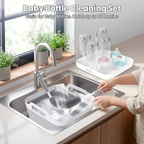 Volnamal Collapsible Wash Basin with Drying Rack & Drain Plug, Gray | Portable 2.4 Gal Dish Tub, Foldable Basin for Baby Bottle, Vegetable, Camping Sink, Kitchen, RV, Camp, Outdoor Space-Saving