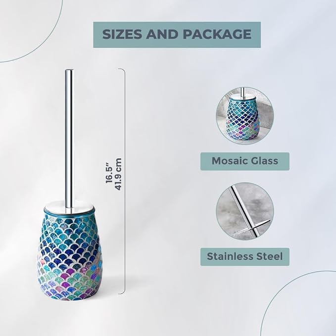 Escenzy Mermaid Toilet Brush and Holder Set | Mosaic Glass Decorative Holder | 304 Stainless Steel Toilet Bowl Brush | Luxury Mermaid Bathroom Decor