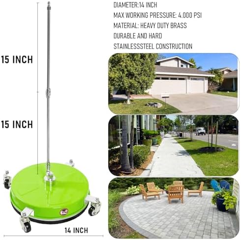 14" Pressure Washer Surface Cleaner with 4 Wheels, Coated Green Stainless Steel Power Washer Surface Cleaner for Driveway Sidewalk Patio, 1/4" Quick Connector 2 Extension Wand, 4000 PSI