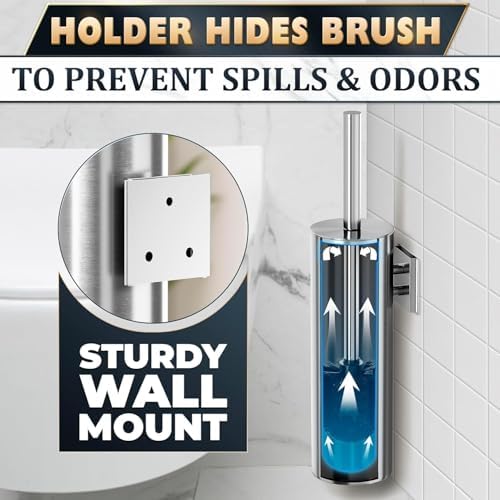Silver Toilet Brush and Holder Set, Stainless Steel (Wall Mounted) | Bathroom Trash Can and Toilet Brush Set, Splash Protection & Dense Bristles, Corrosion-Resistant, Fits Most Standard Toilets