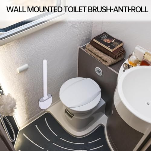 RV Silicone Toilet Brush with Holder, Drill-Free Wall Mounted Toilet Bowl Cleaner, Anti-Drip Anti-Roll Compact Brush for RV Camper & Small Bathroom (White)