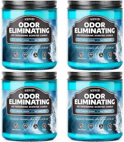 AOOVOO 4 Pack Odor Eliminating Candle - Fantasy Ocean Air Freshing Candle | 36oz, Eliminates 95% of Pet, Smoke, Food, and Other Smells Quickly, Highly Fragranced Non Toxic Soy Candle