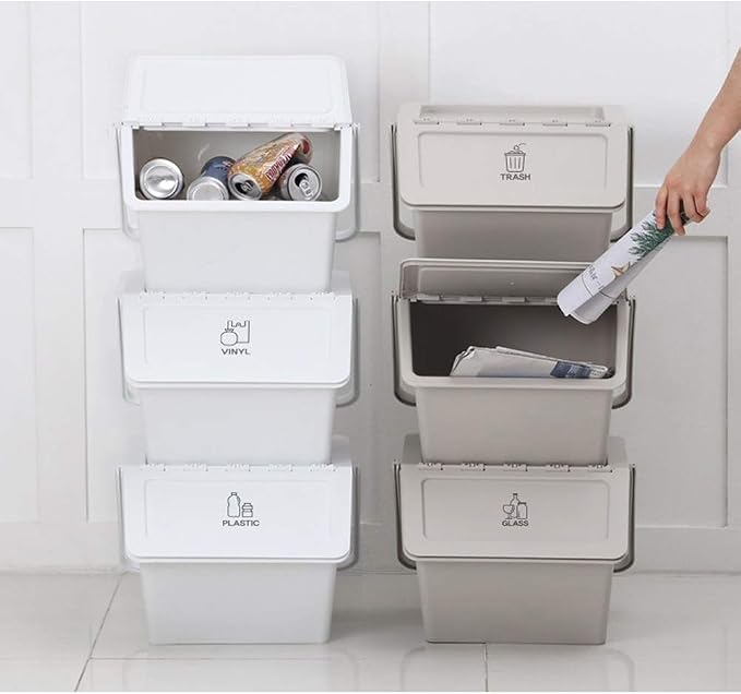 Daily Stackable Organizer Stores Recycling Bin Container with Lid, Handle, Recycle Sticker Trash Bin Label, Tools and Toys, Handy Recycler, 3 Pack of Bins White