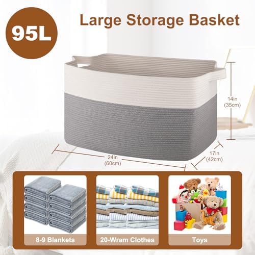 Extra Large Laundry Basket, 95L Blanket Basket for Living Room, Cotton Rope Toy Storage for Kids, Woven Baskets for Clothes, Towels, Pillows, 24" x 17" x 14", Grey and White
