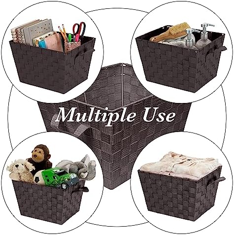 Simplify Medium Woven Strap Tote | Decorative Storage Basket | 2 Handles | Organization | Closet | Bedroom | Bathroom | Nursery | Accessories | Toys | Gifts | 4 Pack | Chocolate