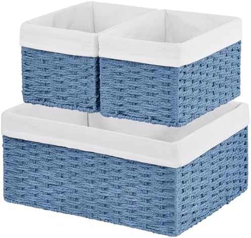 Vagusicc Wicker Basket, Set of 3 Hand-woven Storage Baskets for Organizing, Rectangle Wicker Storage Basket Bins with Handles, Small Toilet Paper Storage Baskets for Shelves & Decor, Blue