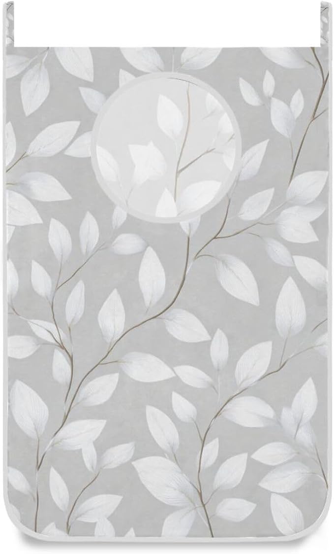 Grey Simple Leaves Hanging Laundry Hamper Door Hampers Bag Basket with Stainless Steel Hooks Oxford Fabric Printing Decorative Clothes Bags 29.5X20inch 1Pack