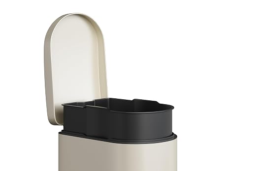 Garvee 1.6 gal / 6 L Metal Bathroom Trash Can with Lid, Slim Waterproof Garbage Can for Bedroom, Small Step-on Trash Bin with Inner Bucket, Rear Handle, Soft Close Lid, Sand Beige