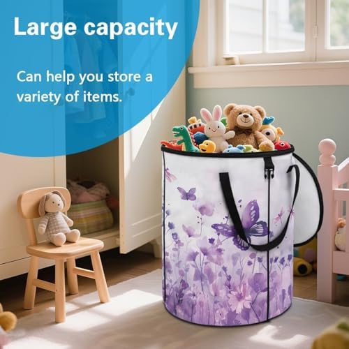 doginthehole Watercolor Purple Floral Butterfly Trash Can with Lid 23 Gallon, 22.83x17.71, Outdoor Recycling Bin Large Trash Can Outside Garbage Storage Bag for Camping Travel Beach
