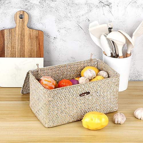 Sumnacon Wicker Basket with Lid,Tampon Holder for Bathroom,Whitewash,Medium | Natural Seagrass Female Product Organizer for Toiletries Pad Tampon Storage,Farmhouse Woven Baskets for Shelf, Toilet Tank
