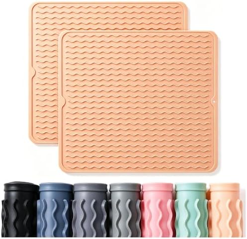 CAKETIME 2 Pack Silicone Dish Drying Mat for Kitchen Counter Place mats Cooking Accessories Drainers Rack Under Sink Protector Home Household Items Extra Large 18"x16" Beige