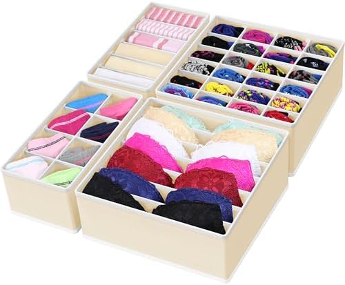 Simple Houseware 4-Pack Drawer Organizer Set for Underwear/Socks/Bra, Beige | Closet Dividers for Underwear, Socks, Bras, Scarves, Ties - Foldable Non-Woven Storage Boxes