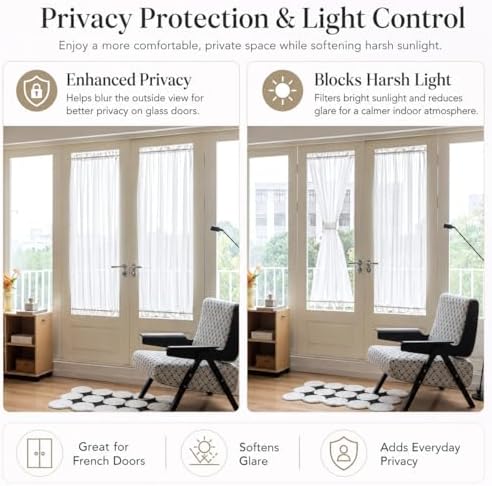Aquazolax Transparent Sheer Door Window Curtain Elegant Solid Voile Curtain French Door Panel 54x40-Inch with Bonus Tieback - 1 Piece, Pure White