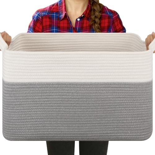 OIASKET Blanket Basket for Living Room, Cotton Rope Basket for Storage, Toy Baskets Bin for kids, Woven Baskets with Handles for Clothes, Towels, Pillows, 20" x 16" x 12", Grey and White