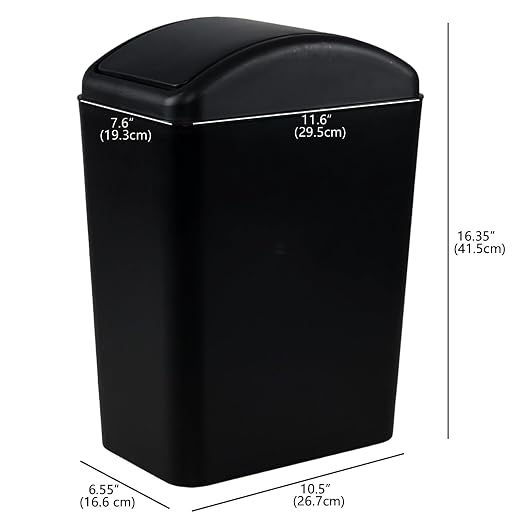 Slim Trash Can, 4.2 Gallon Black Swing Lid Garbage Bin | Space-Saving Narrow Design, Black Plastic, Swing-Top Cover Helps Contain Odors, for Bathroom, Bedroom, Office