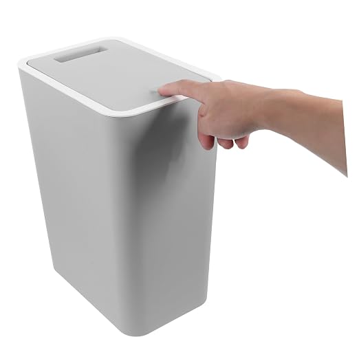 Slim Trash Can with Pop-up Lid Stylish Rectangular Waste Bin for Kitchen Bathroom and Office Easy Clean Grey Design for Indoor Waste Management