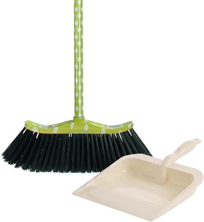 Superio Polka Dot Broom and Dustpan Set, Indoor & Outdoor Cleaning Set with Durable White Plastic Dustpan, Lightweight Household Floor Cleaning Set for Home, Kitchen, Office & Garage, Green/White