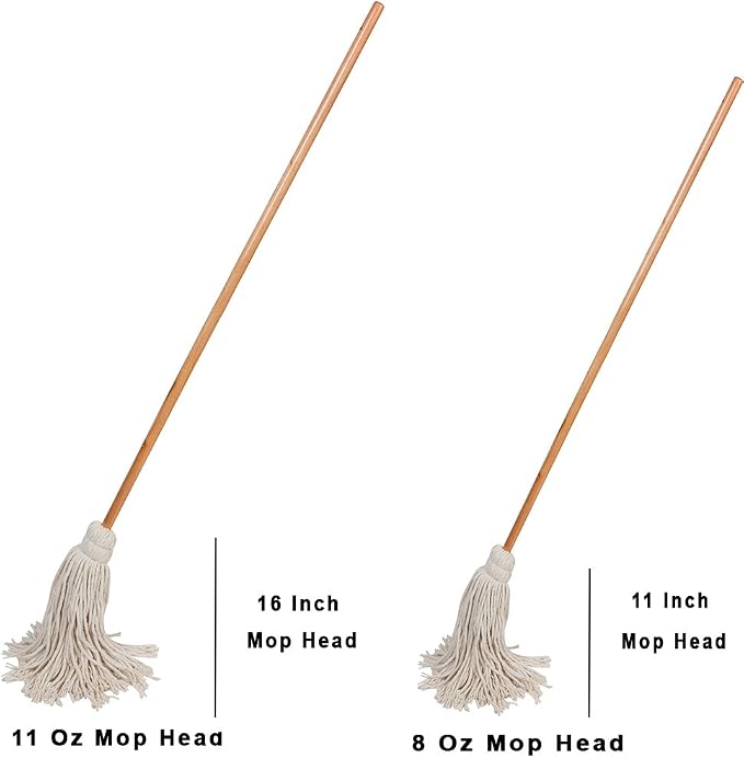 Large Wet Deck Cotton Mop with Solid Wood Handle (11 Oz, White)