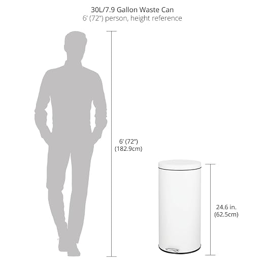mDesign Tall 30 Liter, Large Round Metal Lidded Step Trash Can, Thin Compact Garbage Bin with Removable Liner Bucket for Bathroom, Kitchen, Craft Room, Office, Garage - White