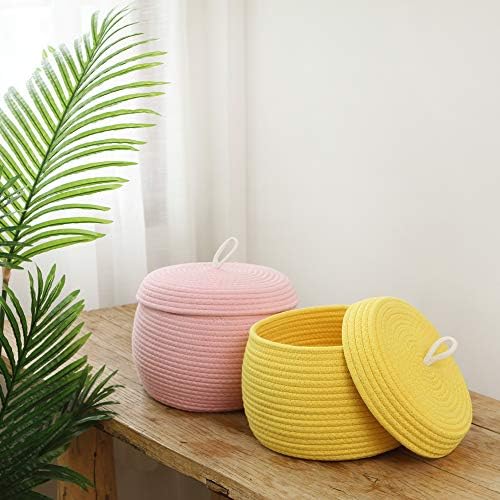 Sea Team Round Woven Cotton Rope Storage Basket with Lid, Yellow | Lidded Knitted Decorative Storage Bin, Pot, Caddy, Organizer, Container for Snacks, Towels, Plants, 10 x 7.5 Inches