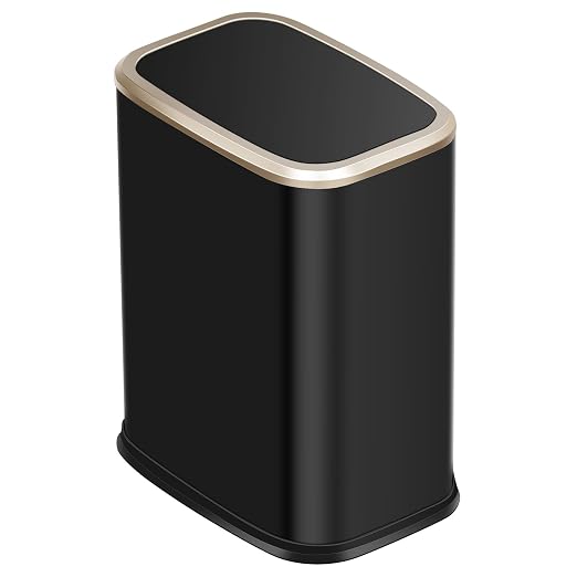 2 Gallon Small Office Bathroom Trash Can with Swing Lid,Living Room Bedroom Garbage can Wastebasket bin,Inner Bucket, Metal Decor Trash Can (Black Gold)