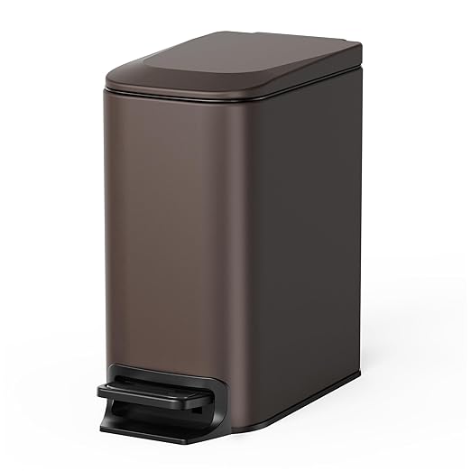 Cesun Small Bathroom Trash Can with Lid, 1.6 Gal, Soft Close, Brown | Step pedal soft close, Slim 5.9in fits narrow spaces, Stainless steel, Anti-fingerprint, Removable inner bucket, Odor seal